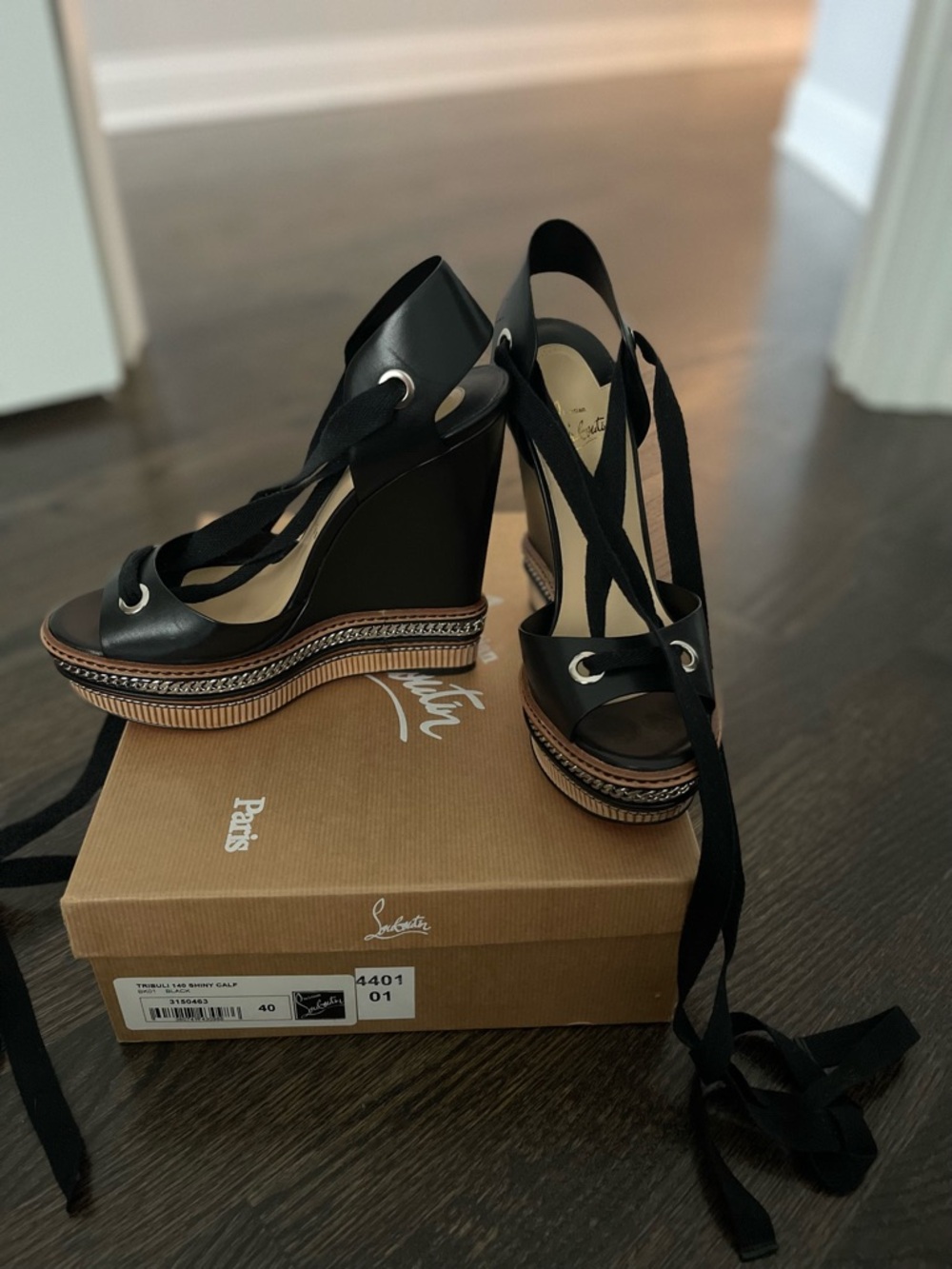 Christian Louboutin Black Leather Lace-Up Platform Wedge Sandals
